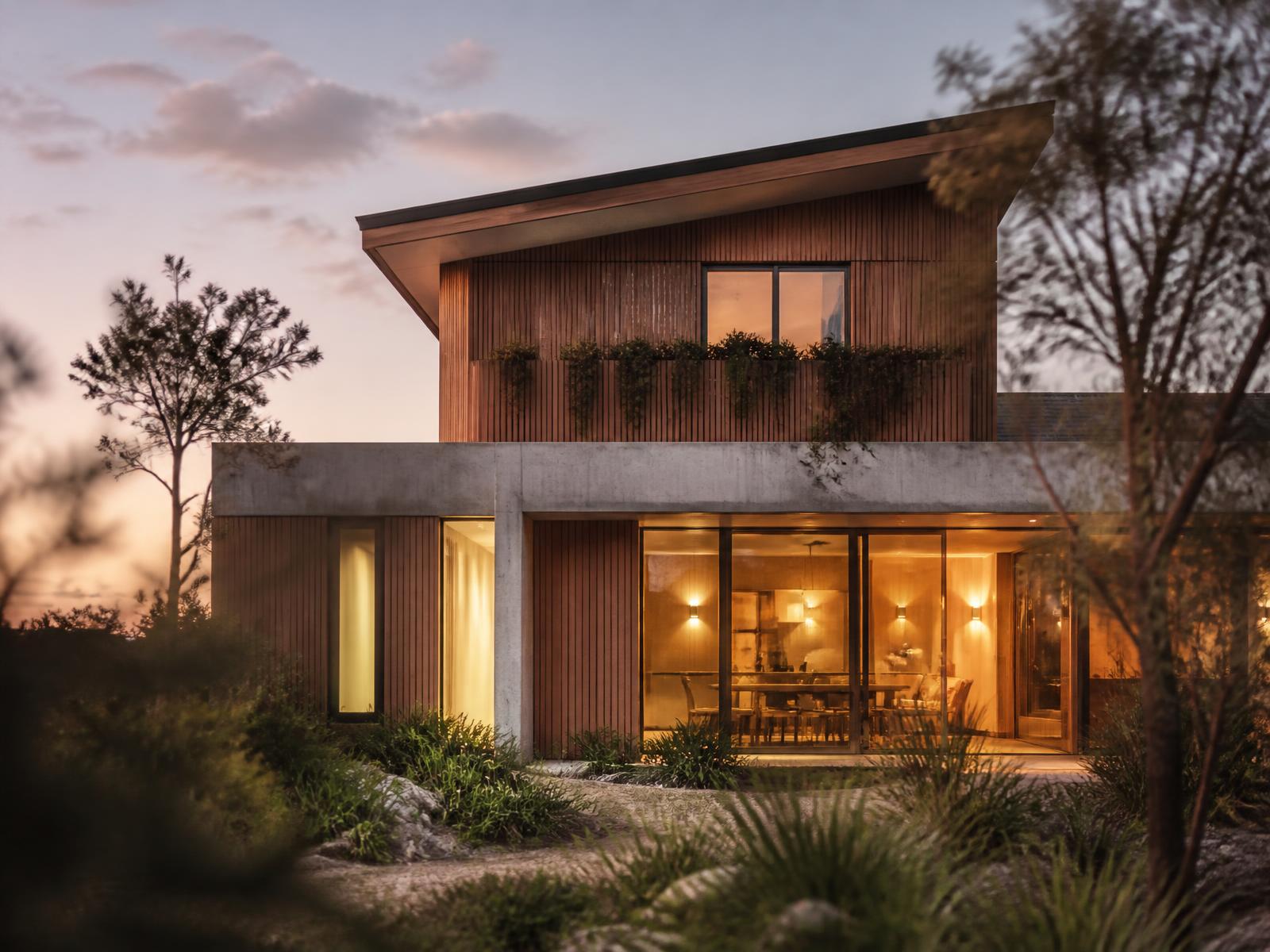 Modern Australian home at dusk with warm interior light